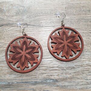 Handcrafted Wooden Floral Pattern Circle Drop Earrings Hook Back Laser Cut Gift